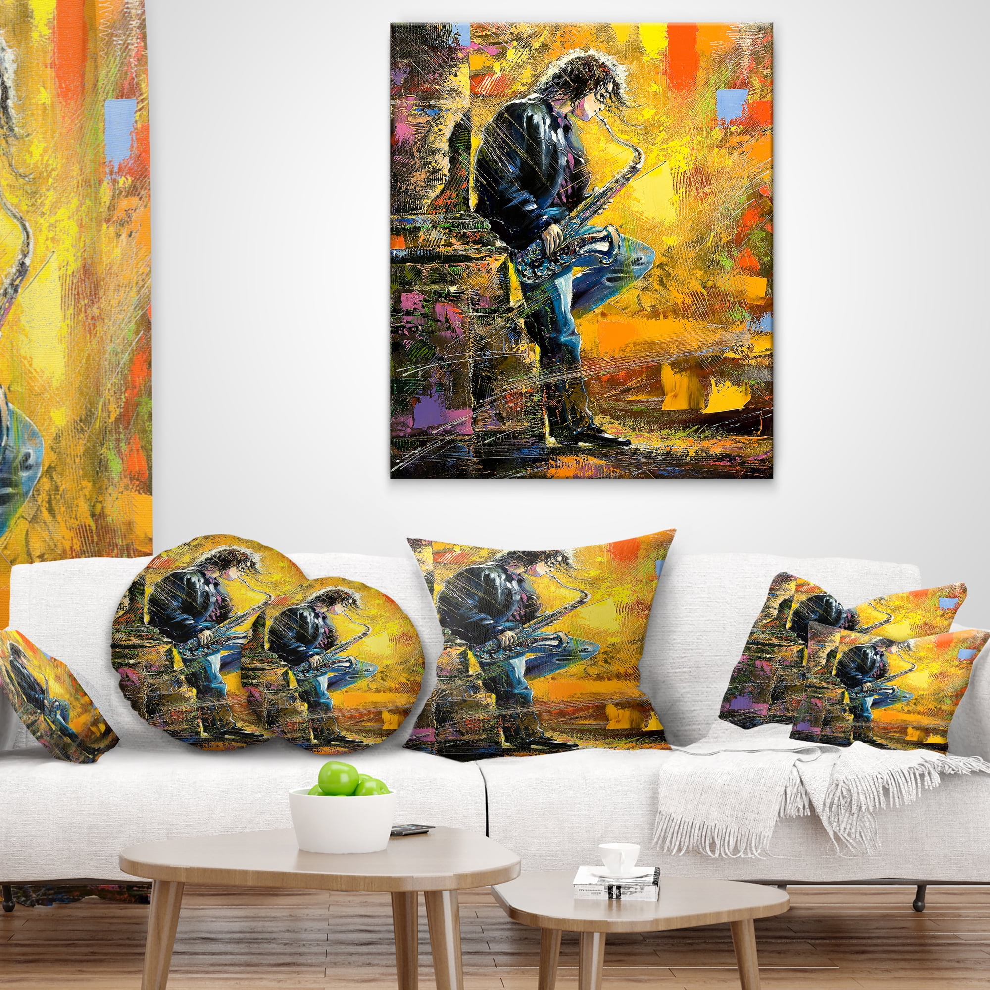 Designart Man with Saxophone - Contemporary Throw Pillow - 18x18