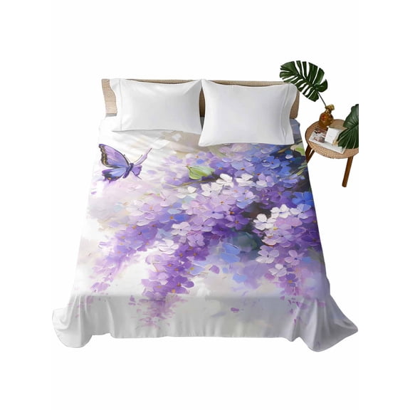 Twin Flat Sheet 66"x96", Lavender Soft Lightweight Bedding Flat Sheets Only, Watercolor Purple White Floral Botanical Butterfly Brushed Microfiber Top Bed Sheet, Breathable StainResistant Bedsheets