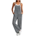 thumbnail image 2 of Sawvnm Jumpers for Women Casual Cold Shoulder Sleeveless Jumpsuit Solid Button Suspender Jumpsuits Wide Pocket Linen Ankle-length Leg Pant Jumpsuit, 2 of 7
