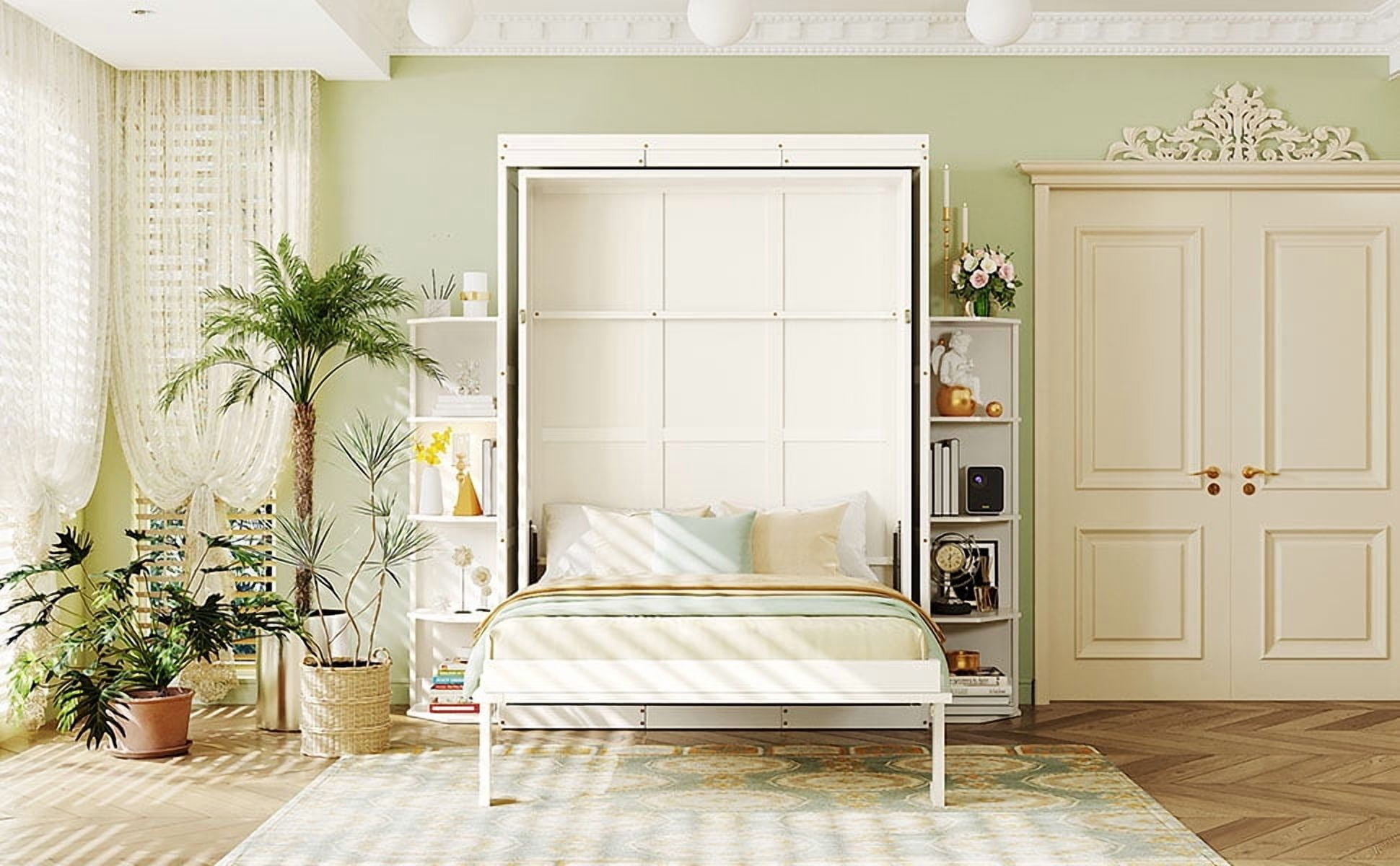Mintazer Rotating Full Size Murphy Wall Bed with Convertible Desk & Dual Side Bookcases, Multifunctional Murphy Bed with Cabinet for Home Office Bedroom, White