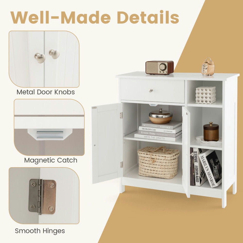Finihen Storage Cabinet, Floor Cabinet, Freestanding Kitchen Cupboard Storage Organizer with 1 Large Drawer, for Bathroom, Living Room, Bedroom, Kitchen, White