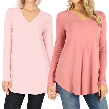 Women & Plus(S-3X) Relaxed Fit Long Sleeve V-Neck Round Hem Jersey Tee Shirt Top (Single & Multi-Packs Available) price history on PriceWatchPro