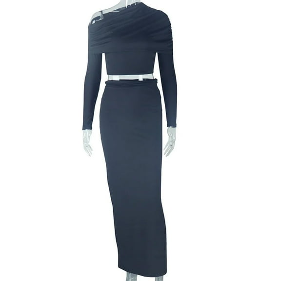 Women's Diagonal Collar Long Sleeve Super-short Crop Tops & Long Skirt, Solid Color, 2pcs Set