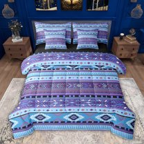 jejeloiu Aztec Triangle Rhombus 7pcs Bedding Comforter Set,Blue Purple Queen Bedding Sets For Teens Kids Reversible