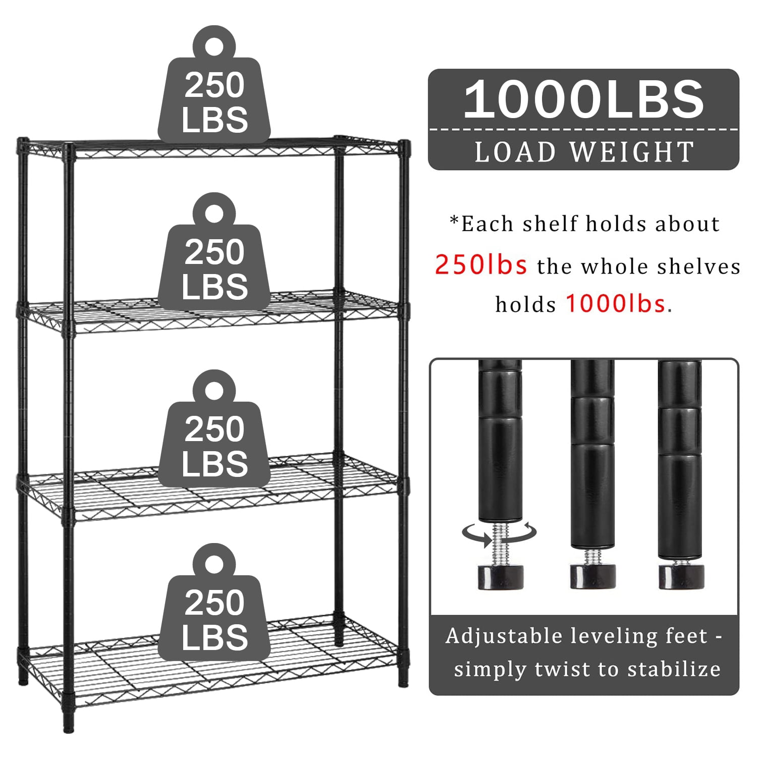 Storage Shelves NSF Metal Shelf 4-Tier Wire Shelving Unit 36''L×14''W×54''H Height Adjustable Storage Shelf Heavy Duty Shelving Storage Rack for Kitchen Office Pantry Bathroom Garage, Black