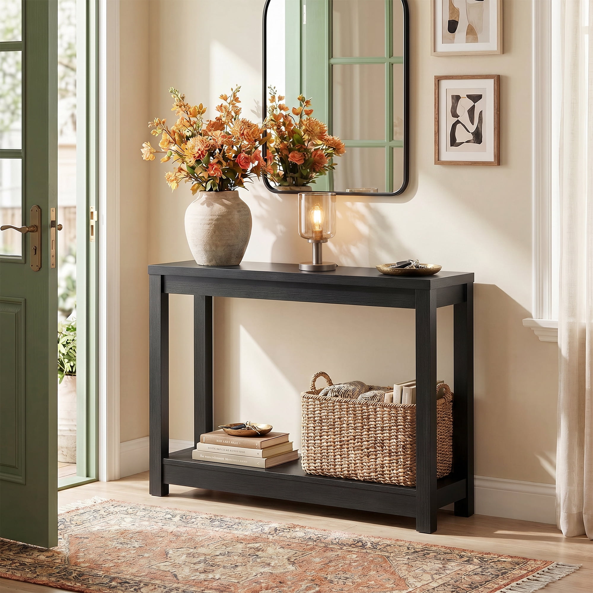 32" Farmhouse Wood Narrow Console Table with Open Storage Shelves: Entryway/Sofa Table, Easy Assembly, Embossed Wood,Black