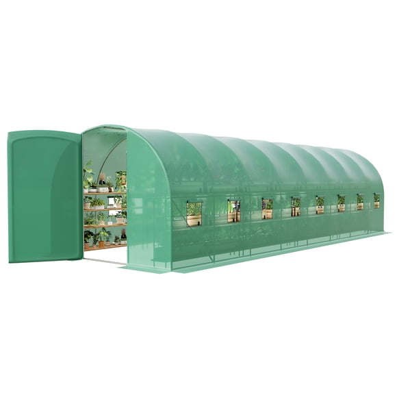 27x10x7 FT Outdoor Walk-In Greenhouse with Swing Door & 10 Mesh Windows, Reinforced Galvanized Steel Frame & Durable PE Cover, Large Tunnel Garden House for Backyard, Patio, and Outdoor Planting