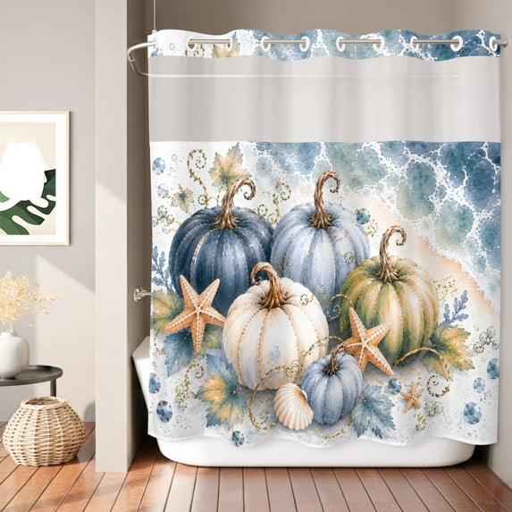 No Hook Shower Curtain, Coastal Pumpkins Fall Shower Curtains for Bathroom with See Through Top Window, Blue Starfish Beach Thanksgiving Waterproof & Washable Bath Curtain Long 72"x78"
