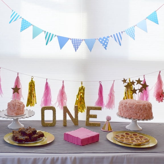 HONITANO Baby Shower Decor Triangle Bunting Flags Paper Blue 2.2m Long Hanging Party Decoration 1Set