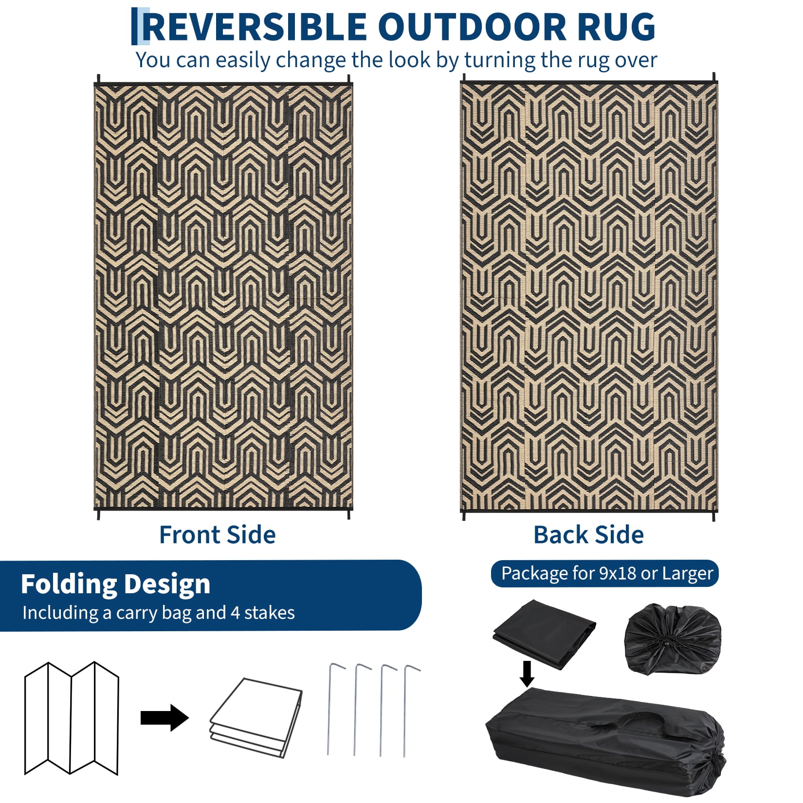 HIWEAVER 9' x 18' Black/Brown Outdoor Rug PP Plastic Straw Woven Waterproof Patio Rug with Border Portable Outside Carpet for Balcony Deck Picnic Garden Decor