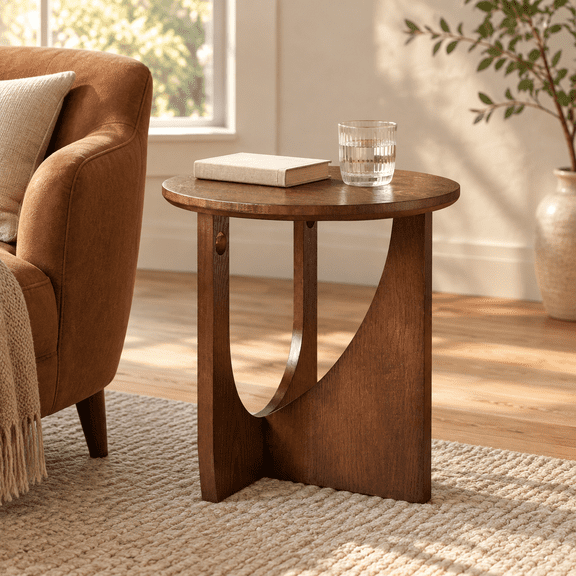 Solterielle Round End Table, 19.7 Inch Farmhouse Accent Table, Walnut Finish, Nightstand for Living Room and Bedroom