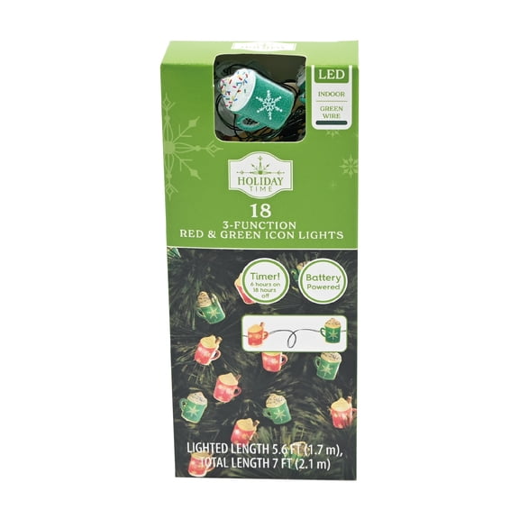 Indoor 18-Count Battery-Operated LED 3-Function Hot Cocoa Icon Christmas String Lights, Red and Green, Green Wire, 5.6', by Holiday Time