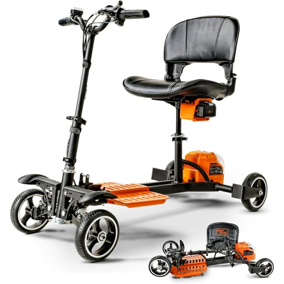 SuperHandy 4-Wheel Mobility Scooter - Lightweight, Foldable, 48V 2Ah Li-Ion Battery, Adjustable, Flat-Free Tires, 330lbs Capacity (Orange & Black)