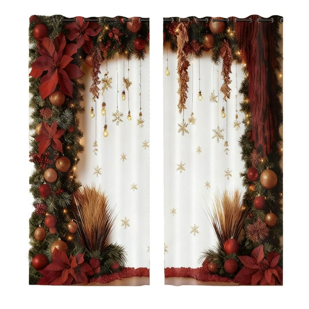 2 cortinas estampadas con motivos navideños: 39,5 x 87 pulgadas, terciopelo color melocotón, estampado 2D de copos de nieve rojos, decoración festiva para el hogar