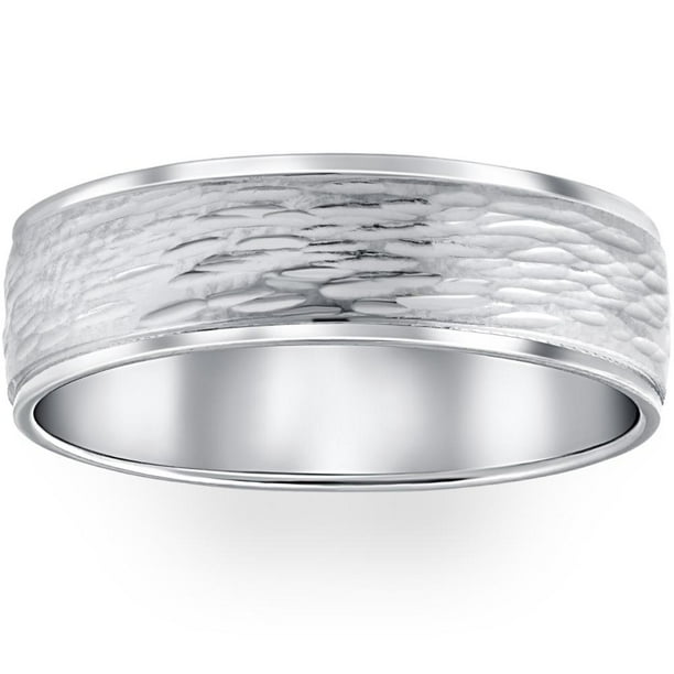 Mens Hand Etched 6mm Dome Wedding Band Ring Solid 10K White Gold