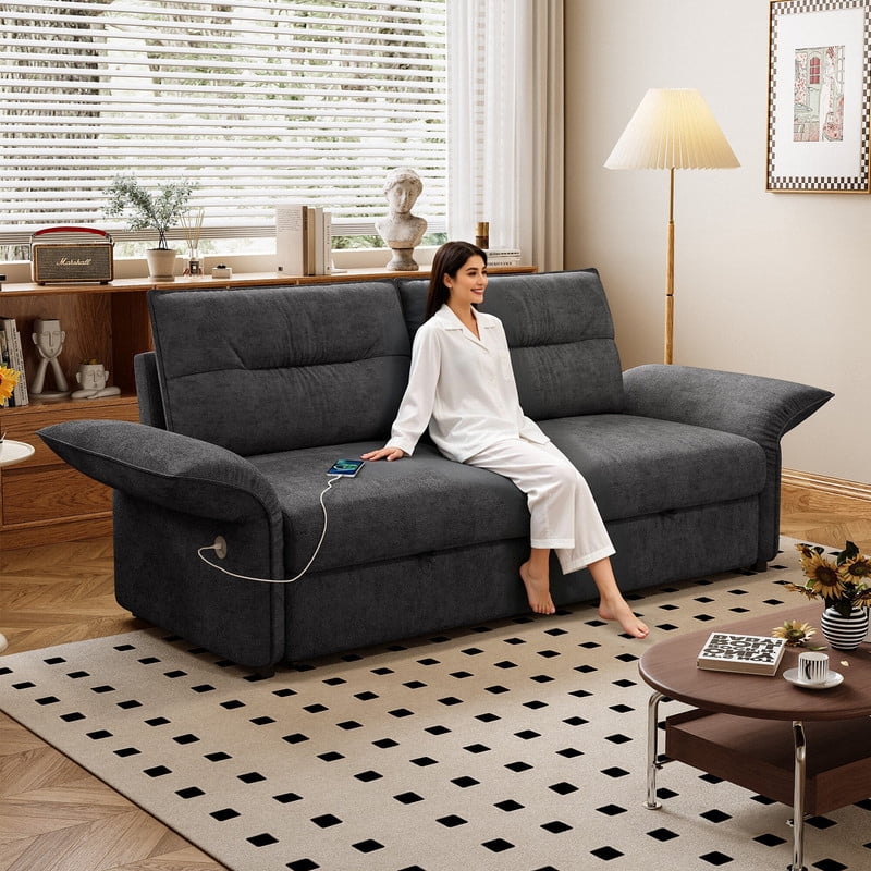 85" Convertible Sofa Bed, 2-in-1 Sleeper Sofa with Plush Fabric, Full-Size Pull-Out Couch with USB Charging Ports, Solid Wood Frame, High-Resilience Foam for Living Room & Small Space