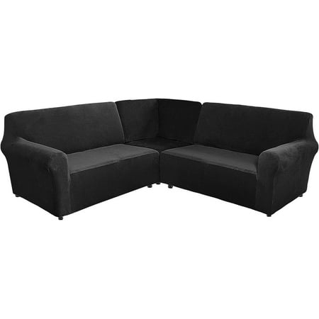 TOPCHANCES 3-Piece Velvet Recliner Sofa Covers 7 Seat L-Shaped Corner Sofa Covers Stretch Sectional Couch Slipcover ( Black )
