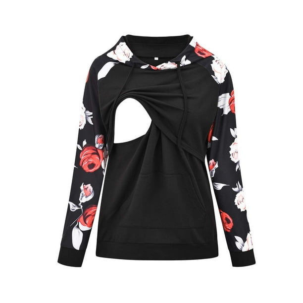 Lolmot Autumn and Winter Maternity Wear Nursing Hooded Pocket Sweater  Printing Pregnant Woman Top 