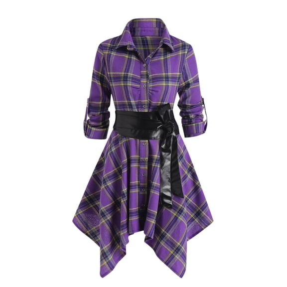 gakvbuo Fall Dresses for Women Checkered Dress for Womens Plus Size Plaid Tie Shirt Dress Long Sleeve Slim Turn-Down Collar Tunic Tops Asymmetrical High Low Irregular Dress