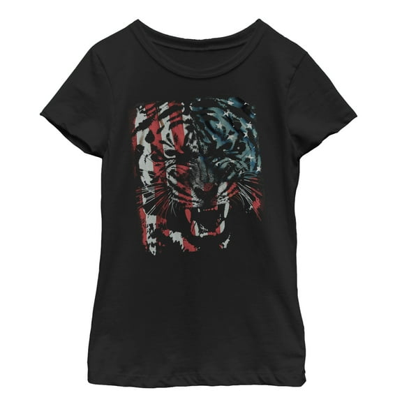 Girl's Lost Gods Tiger Growl American Flag Graphic Tee Black X Large