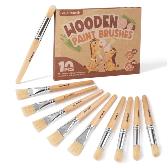JUPITEARTH Jumbo Paint Brushes for Easy Grip Round and Flat Toddler Paint Brushes with Natural Wood Handles for Washable Paint and Acrylic Paint, 10 Pcs