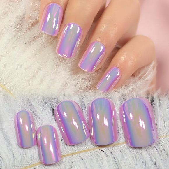 Espejo metálico iBeautying de Press On Nails, color morado y rosa, 24 unidades