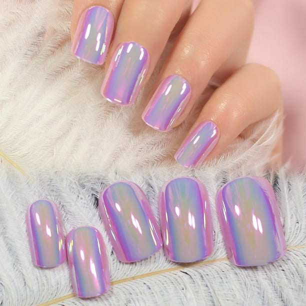 Espejo metálico iBeautying de Press On Nails, color morado y rosa, 24 unidades