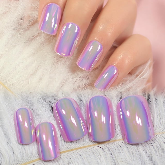 Espejo metálico iBeautying de Press On Nails, color morado y rosa, 24 unidades