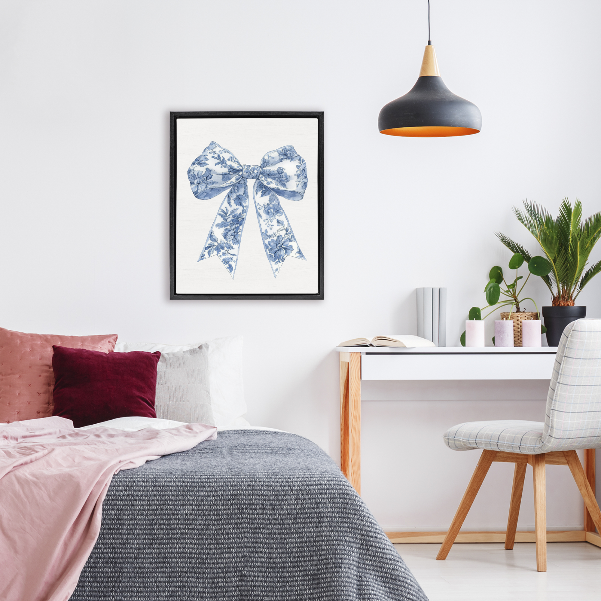 Soft Delicate Toile Bow Black Framed Floater Canvas Wall Art, design by Lettered and Lined