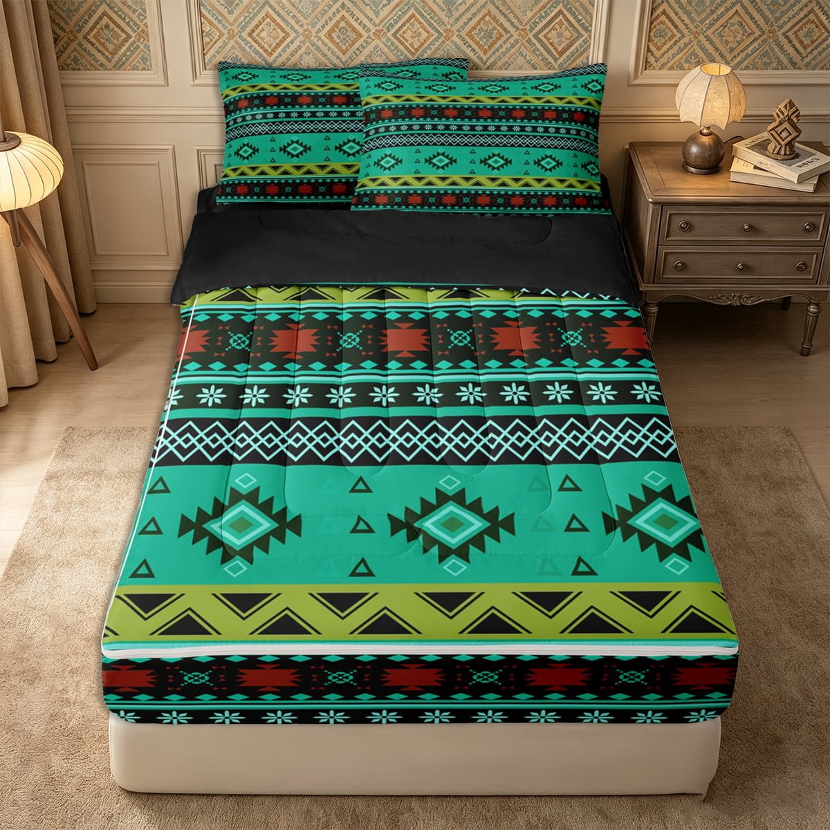 Castle Fairy Retro Aztec Band Zipper Queen Comforter Set with Fitted Sheet and 2 Pillowcases Boho Tribal Star Zipper Bedding Set Teal Rust Black Reversible