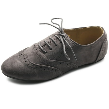 

Ollio Women s Shoes Faux Suede Classic Wingtips Lace Up Dress Low Flats Heels Oxfords F115