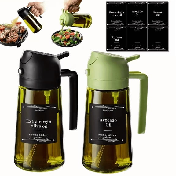 2 kitchen glass olive oil dispensers, 2-in-1 oil bottle and cooking sprayer, 16-ounce high-quality glass oil bottle, edible oil sprayer for cooking, equipped with 6 sticker sets