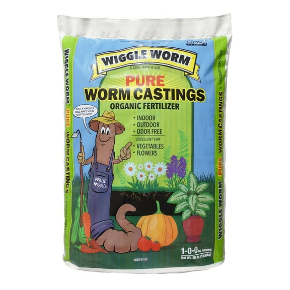 Wiggle Worm 100% Pure Organic Worm Castings Fertilizer, 30-Pounds - Improves Soil Fertility and Aeration for Houseplants, Vegetables, Gardens, and More – OMRI-Listed and Mineral-Dense