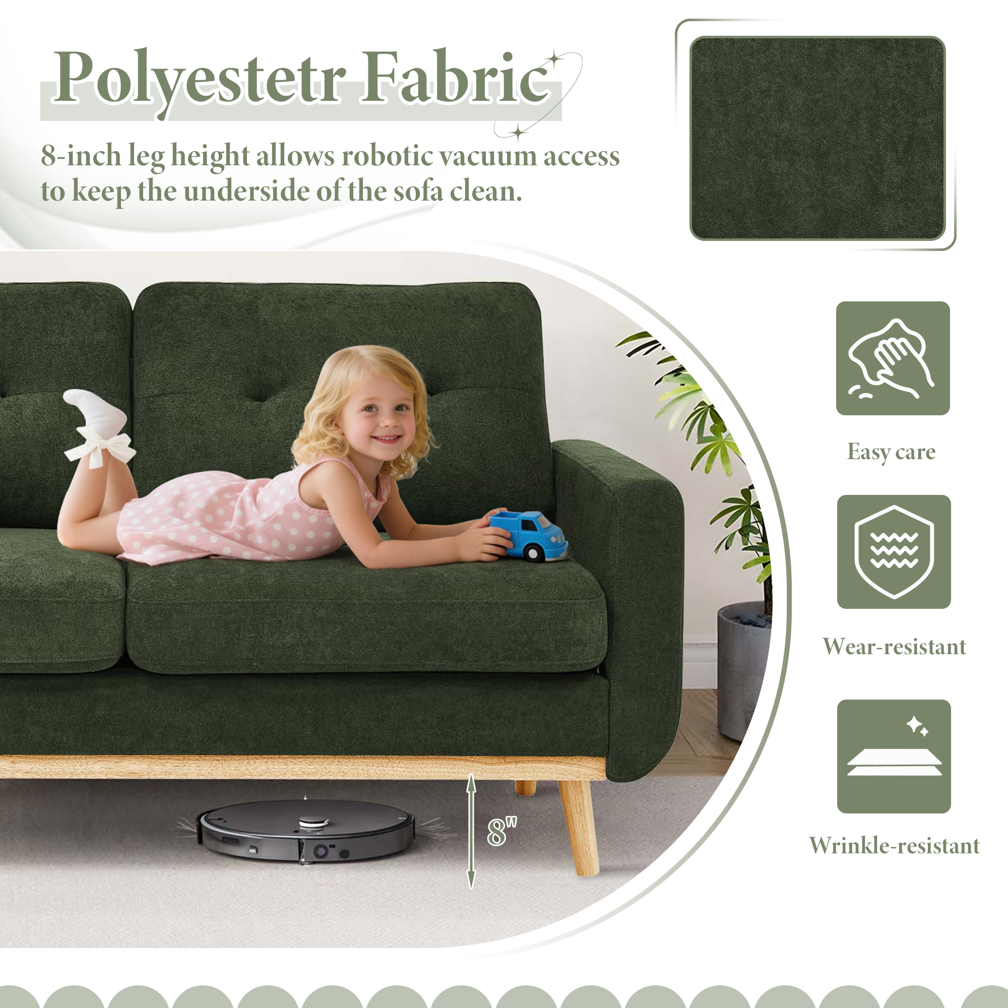 Timbernest 67.7" Loveseat Sofa, Mid-Century Loveseat Couch with Wooden Legs, Green Tufted Upholstery