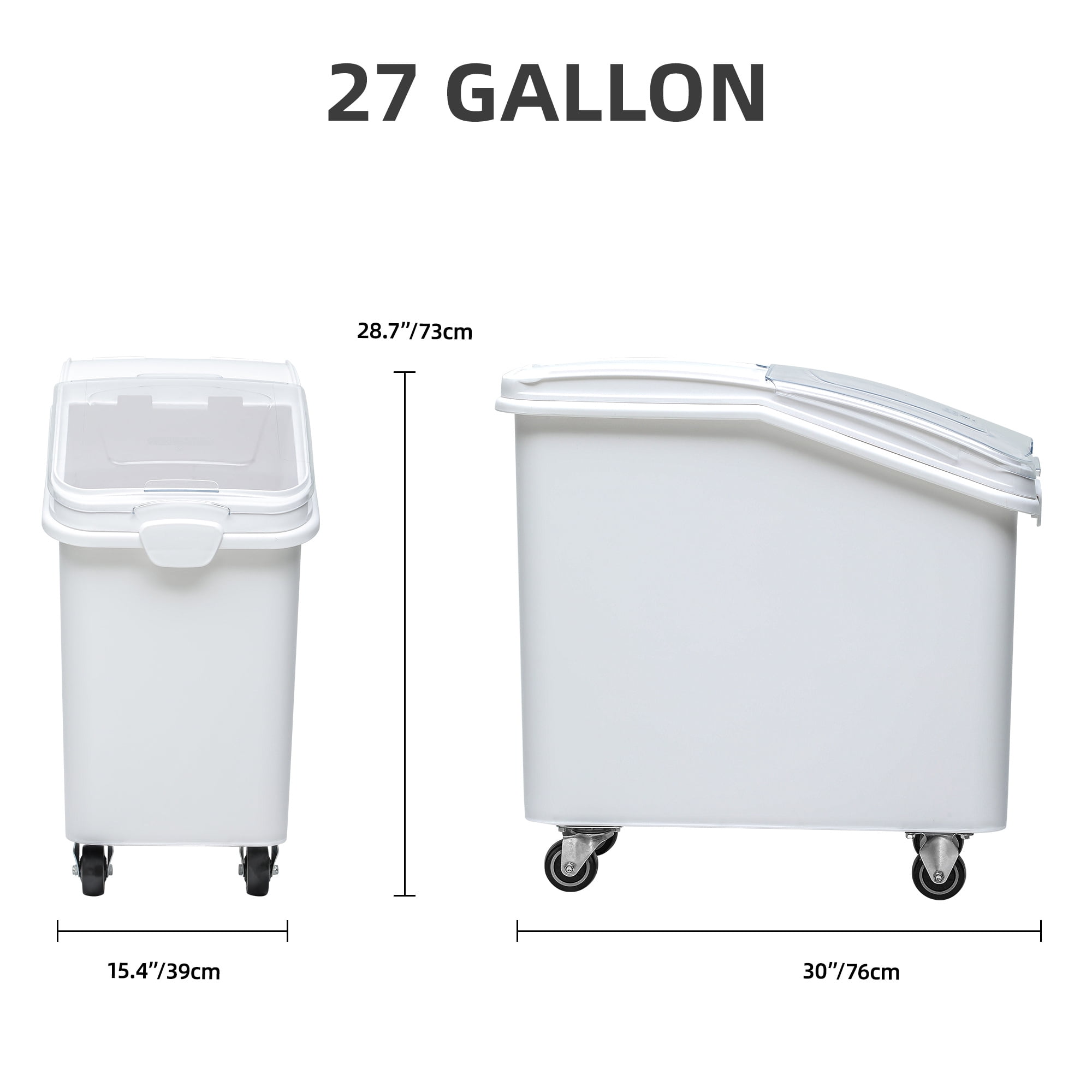 Uforic 27 Gal Large Ingredient Storage Bin, 625 Cups Commercial Food Container, Bulk Flour Storage Bin with 360° Wheels, Scoop and Lid, Kitchen Dry Food Storage Bin, White