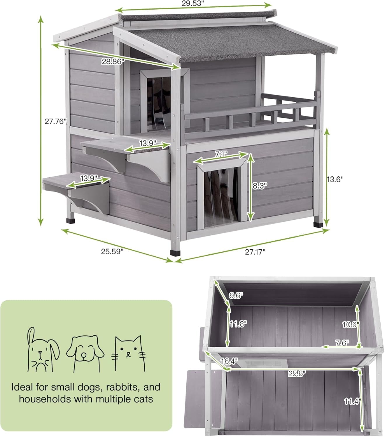 Aivituvin Outdoor Cat House Weatherproof, Feral Kitty House Cats Enclosure with Balcony, Wooden Kitty Shelter Waterproof