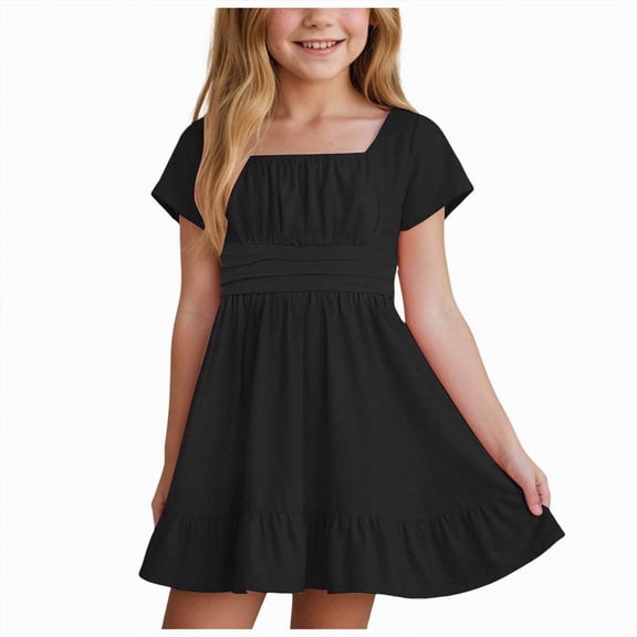 Gubotare Cute Summer Dresses for Girls Girl's Dresses Ruffle Sleeve Tiered Swing A-Line Cute Casual Sundress Size 10-11 (Black,10-11 Years)