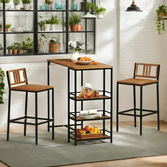 Demifill 3 Pieces Outdoor Wood Bar Set with 3-Tier Storage Shelf, Bar Set with Metal Frame for Outdoor as Garden, Backyard, Porch, Brown