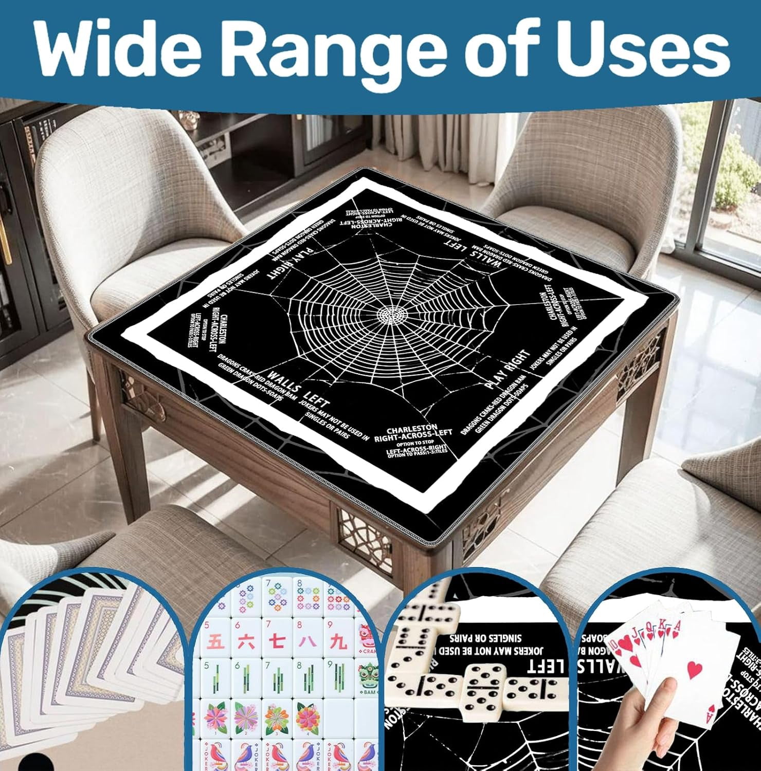 Black and White Mystical Gothic Spider Web Mahjong Mat 31.5x31.5 Inch, Non-Slip and Noise Reduction Mah Jong Table Mat Cover Gifts for Mahjong Lovers Poker Board Games Dominoes