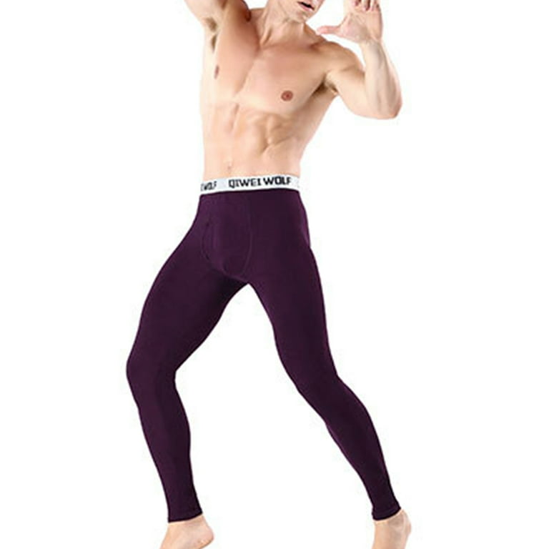 Capreze Men Leggings Elastic Waist Thermal Pant Winter Warm Long Johns  Extreme Cold Underwear Solid Color Bottoms Purple 3XL
