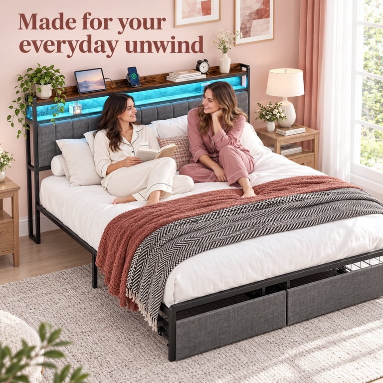 Furnibear LED Full Bed Frame with Storage Headboard photo 2