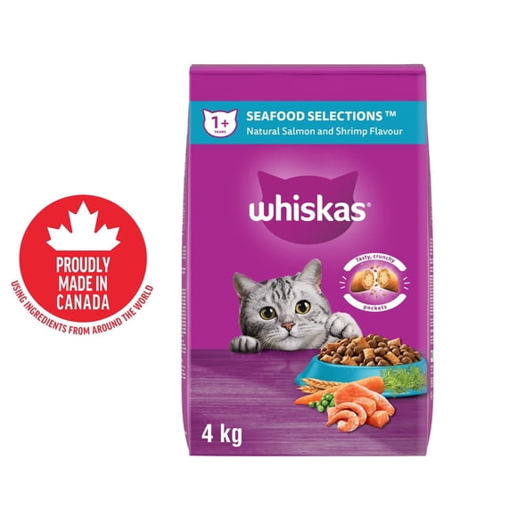 WHISKAS Adult Dry Cat Food Seafood Selections with Real Salmon, 4kg Bag