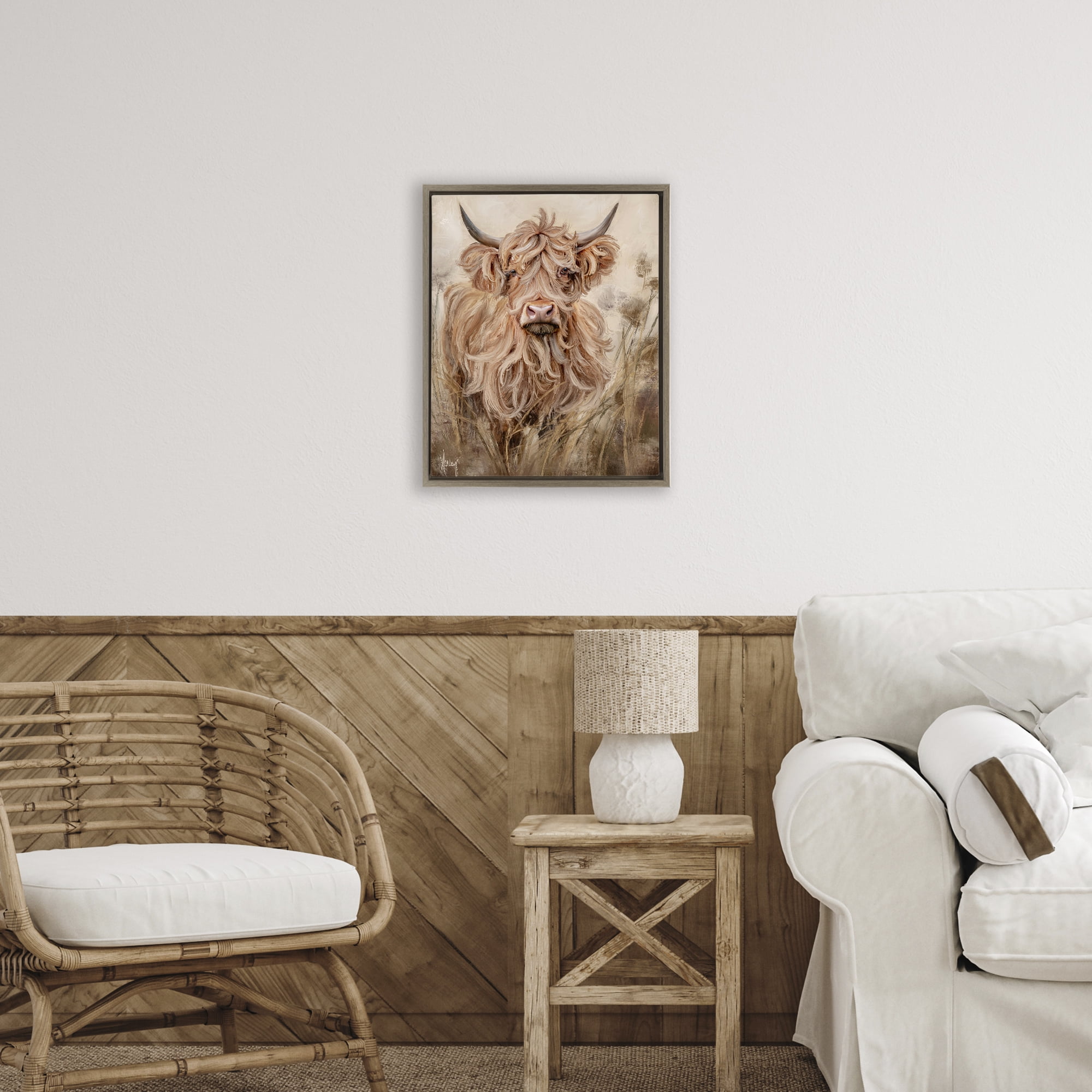 Curly Haired Highland Cattle Brown Framed Floater Canvas Wall Art, design by Ashley Bradley