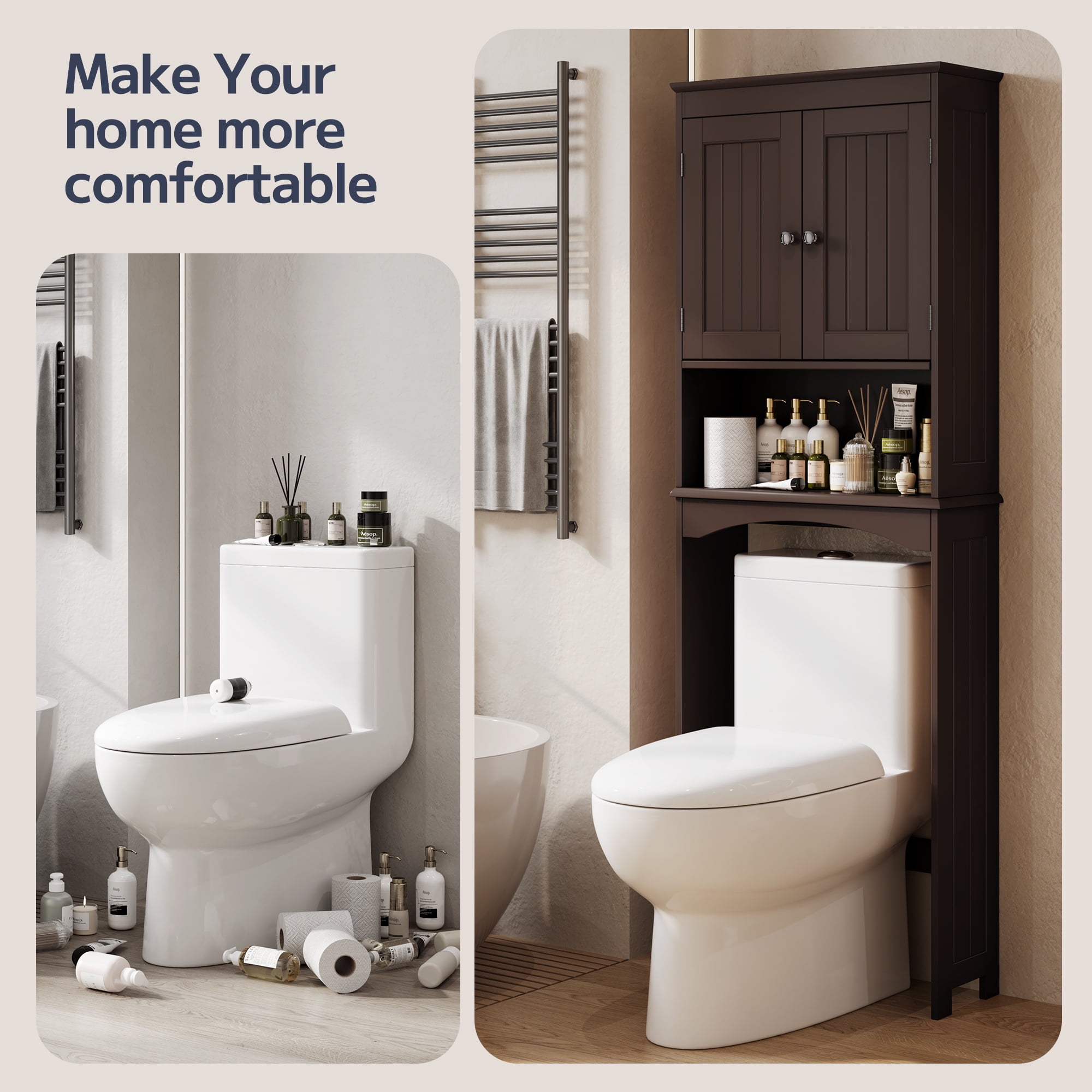 Asofer Over the Toilet Storage Cabinet, Adjustable Sturdy Shelf and 2 Wood Doors, for Bathroom, Dark Brown
