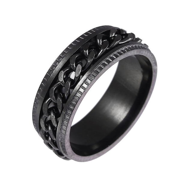 Anillo giratorio para hombre para aliviar la ansiedad, anillo de ansiedad negro de acero inoxidable con incrustaciones de cadena curva, tamaño de regalo, circunferencia 57 mm, diámetro 18,2
