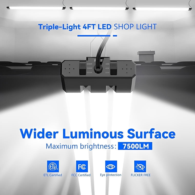 JESLED 4FT LED Shop Lights, Black, 30W/40W/50W Adjustable, 4000K/5000K/6500K Selectable, 5400-7500LM, ETL, Commercial Linkable Utility LED Light for Garage, Ceiling & Suspension Mount, 6-Pack