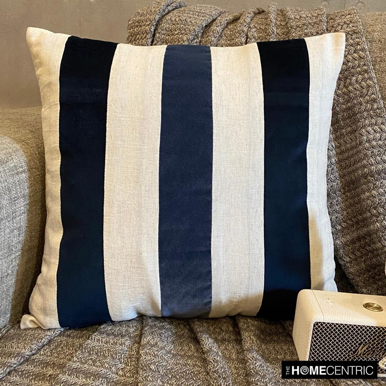 The HomeCentric Decorative Throw Pillow cover Navy 26"x26" (65x65 cm) Velvet & Linen Patchwork, Striped Pillowcases, Striped Modern Style - Velvet Band Navy