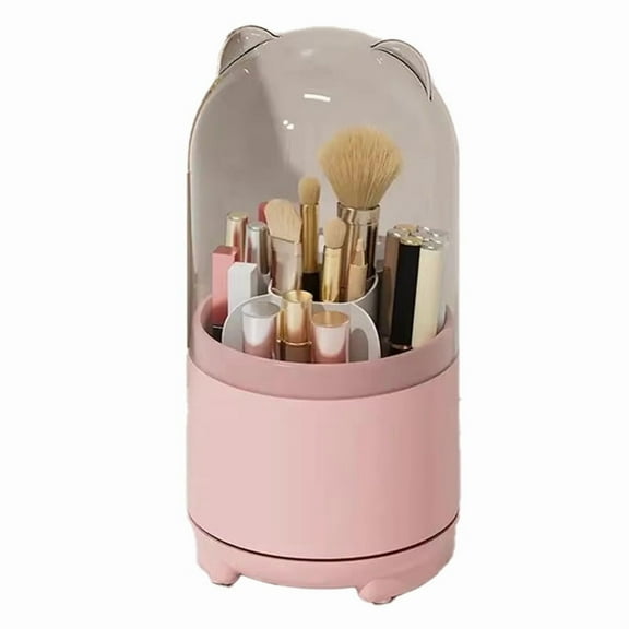 360-Degree Rotating Makeup Brush Holder with Dustproof Lid, Large Capacity Cosmetic Storage Organizer Pink