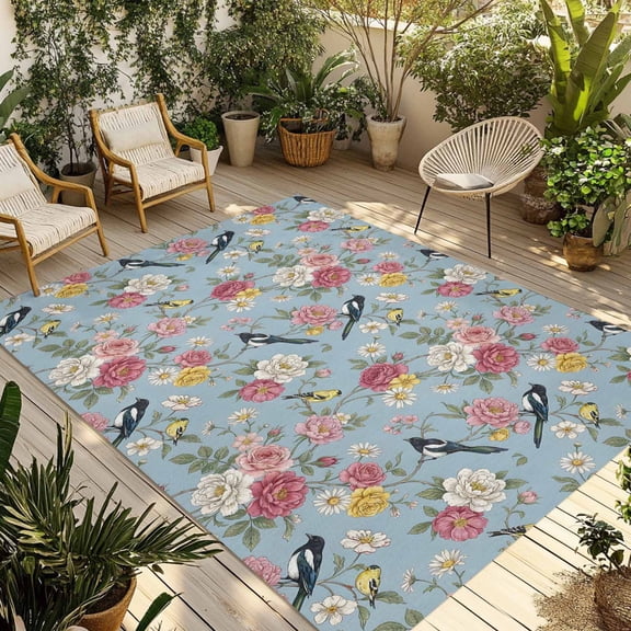 Spring Red Floral Outdoor Rug 6x9 Ft - Reversible Patio Rug Outdoor Camping Rugs, Daiy Birds Farmhouse Blue Botanical Washable Indoor Outdoor Area Rugs, Non-Slip Outdoor Carpet Runner for Deck/Porch
