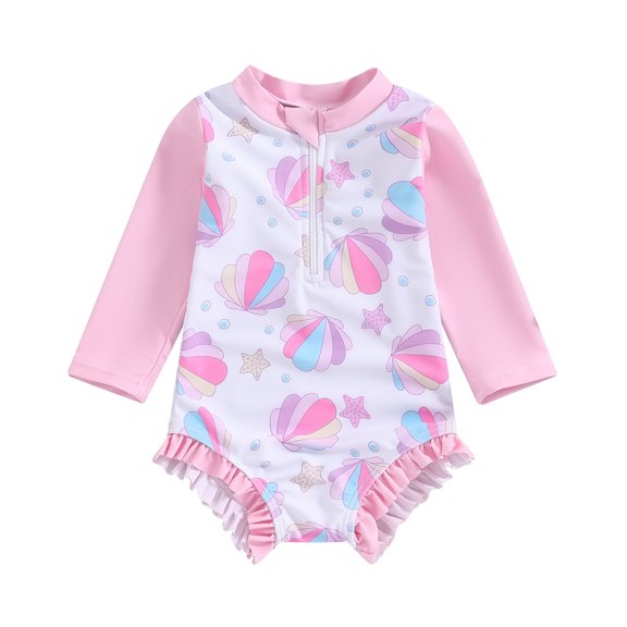 Aojekbee Baby Girl's Long Sleeve Swimsuit Round Neck Half Zipper Seashell Print Rash Guard Swimsuit Infant Toddler Bathing Suit